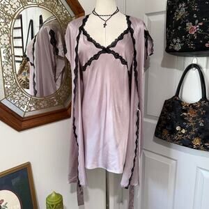 2010s Victoria's Secret Icy Lilac Purple Satin & Black Lace Trim Slip & Robe Set